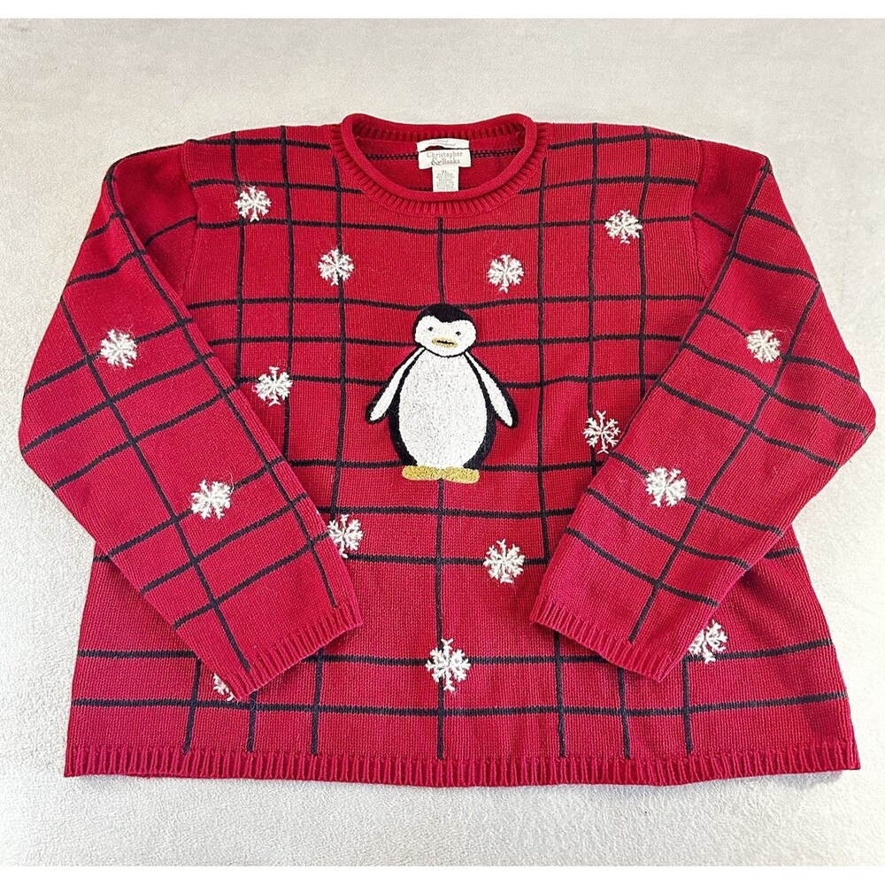 CHRISTOPHER & BANKS Sweater Women's XL Red Snowman Hand Embroidered Christmas